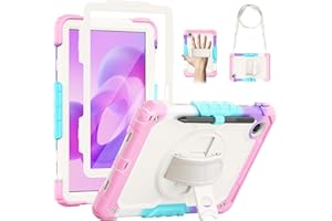SEYMAC Funda para Lenovo Idea Tab 11 Pulgadas 2025/Tab M11/Tab K11 Gen 2, Funda para Tablet M11 a Prueba de Golpes con Protector de Pantalla, Soporte Giratorio de 360°, Correa para el Hombro, Rosa