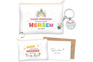 GLUCKGESCHENK Erzieherin Geschenk Abschied 4 STK, Danke Erzieherin Abschied, Kosmetiktasche, Schlüsselanhänger, Grußkarte und Umschlag, Abschiedsgeschenk Kindergarten Lehrer Lehrerin Tagesmutter Geschenk