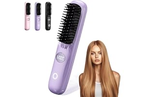 AIMARS Portable Hair Straightener Brush, Rechargeable Cordless Hair Straighteners with LCD Temperature Display, 3 Temps 2000mAh Heated Brush for Hairs Styling Travel, Office Home (Purple)