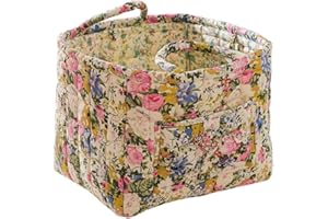 SYLET Quilted Fabric Storage Basket with Handles – Boho Foldable Floral Organizer Bin for Home, Picnic, Shopping, Travel 13"x11"x10" (Blush Bloom)