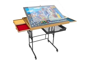 TELGUUA Tavolo da puzzle con gambe da 1500 pezzi, tavolo da puzzle portatile con ruote per adulti, regolabile con 5 angoli di inclinazione/10 altezze con 5 cassetti e coperchio, tavolo da puzzle in legno