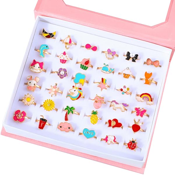JSTHHTT 50 Bagues Réglables Pour Filles - Coffret De Bijoux Fantaisie Enfant, Cadeau Anniversaire 3-8 Ans