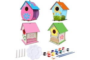 MENGQILE 4PCS Bricolaje de Madera Pajarera para Pintar y Montar, Casita Pájaros para Niños con Herramientas de Pintura, para Manualidades