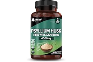 NEW LEAF PRODUCTS Fibre Supplement 4000mg Psyllium Husk with Acidophilus - High Strength - Natural Soluble Fiber Supplement from Plantago Ovata Seeds, 120 Psyllium Husks Capsules Vegan, Made in UK by New Leaf