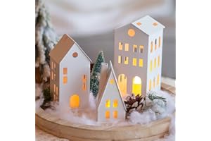 ‎SZIQIQI Sziqiqi Mini Lichthaus Kerzenhalter für Weihnachten, Kerzenständer Laterne mit LED-Kerzen Dekorative Teelichthaus Metall Windlicht Set von 3 für Fensterbank Mantel Kamin, Weiß