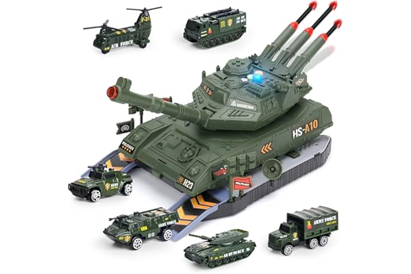 YOOYID Ensemble Jouets de Char, Base de Réservoir Transport Militaire avec 6 Mini Véhicules de l'armée en Alliage, Lumière Sonore Réaliste, Tourelle Rotative et Lance-Missiles, Cadeau de Jeu Parfait
