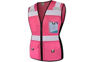 Graunton Women High Visibility Vest 11 Pockets Snug-Fit Reflective Safety Vest with Reinforced Zipper, Neon Construction Work Vest for Lady Contractors/Surveyors/Workers, Durable,Meets ANSI, Pink L