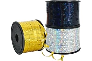 RIBBOOO 3 Rolls of Gift Ribbon Laser Ribbon Golden & Silver & Black - 5 mm Balloons Ribbon Gift Packaging for Christmas Decoration Balloon Closures Gift Packaging Wedding Decoration (200 Yard Balloon