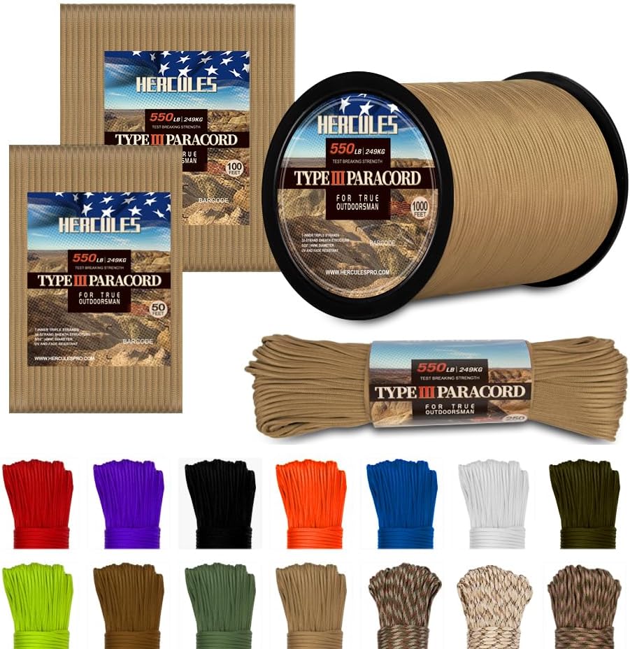 HERCULES Cuerda de paracaídas Tipo III Paracord 550, Cuerda de paracaídas de 50 pies, Color marrón Desierto para Cuerda de Camping, Cuerda de Supervivencia