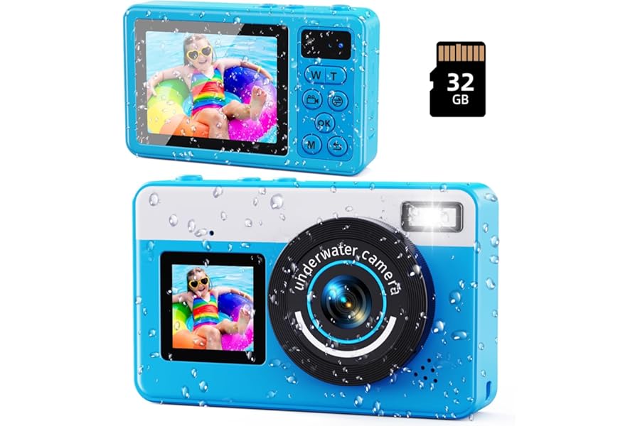 Digital Camera,10FT Underwater Camera with 32G, 2.8'' Dual Screen Waterproof Compact Small Portable for Snorkeling,18X Digital Zoom for Kids Teenagers Beginners Adults