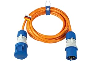 as - Schwabe CEE 62431 Camping Extension Cable 5 m Polyurethane with Powerlight Voltage Display, CEE Plug & Coupling, 3-Pin 230 V/16 A, Outdoor IP44 Splash Protection, Orange