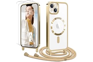 Ethanger Handykette für iPhone 13 iPhone 14 mit Band + 2 Stück Panzerglas Schutzfolie Transparent Silikon Handyhülle Magnetische Schutzhülle zum Kordel für iPhone 13/14 Gold