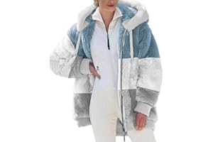 ZEIAYUAS Damen Fleecejacke Weich Warme Winterjacke Plüsch Full Zip Hoodie Jacke Elegante Farbblock Teddy Jacken Langarm Große Größen Kapuzenjacke Bequem Übergangsjacke Leichte Atmungsaktive Sweatjacke