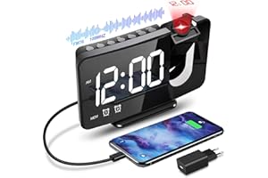 Anykuu Budzik z projektorem cyfrowy budzik z radiem FM, obracany o 180°, regulowana jasność projekcji, drzemka, podwójny alarm, wyświetlacz LED, ściemniacz, ładowanie przez USB