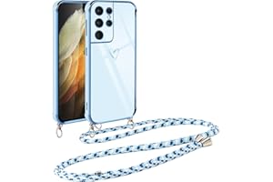 Vauki Funda con Cuerda para Samsung Galaxy S21 Ultra 5G, Patrón de Corazón TPU Carcasa, con Colgante Ajustable Collar Correa para el Cuello Cadena Cuerda, AntiChoque Suave Silicona Cover, Azul