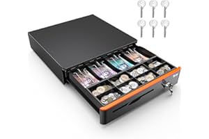 Tera Auto Open Cash Register (with 6 Keys) Till Drawer Box 4 Bill 8 Coin Cash Drawer 41 x 41 x 10 cm for POS System Removable Coin Compartment 12V RJ12 Key-Lock Media Slot for Shops Businesses 405R