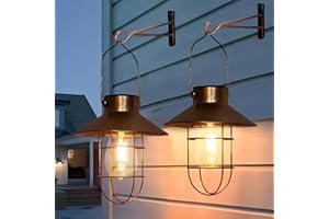 pearlstar Solar Lanterns Outdoor Metal Solar Powered Hanging Lights Waterproof for Wall Yard Garden Patio Garage Balcony Porch Fence Decor, Warm White Edison Bulb,with Wall Mount Kit（Copper-2pack）