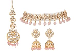 Jwellmart Gold Plated Faux Kundan Pearl Bridal Wedding Choker Necklace Earrings Tika Combo Set Bollywood Party Traditional Fashion Indian Jewelry Jewellery Set for Women