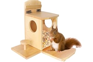 Suewidfay Wooden Squirrel Feeder with Lift-Up Lid and Desk - Waterproof Durable for Outdoor Garden Outside Backyard
