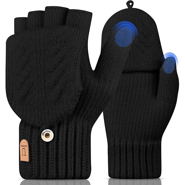 Mitaines Convertibles Yaopelky Homme & Femme - Gants D'Hiver Chauds à Rabat Tricotés Avec Paillettes