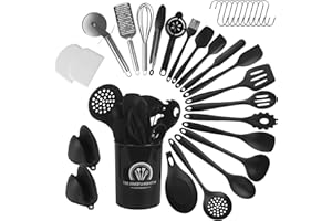 BUCOMTU 43 piezas Utensilios de Cocina, Utensilios de Cocina De Silicona,con caja de almacenamiento y gancho en forma de S, resistentes al calor, aptos para lavavajillas, antiadherentes (Negros)