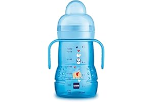 MAM Trainer 220 ml, Biberon acqua e latte per neonati 4+ mesi con tettarella antigoccia in Silicone, Borraccia neonato con beccucio extra-morbido, Accessori neonato con manici antiscivolo, Azzurro