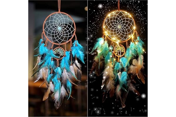LED Drömfångare, Blågrön Indisk Väggdekorationer Handgjorda Söta Bröllopsgåvor, Sovrum Vägghängande Ornament Hantverk, Dekorationer för Flickor/Pojkar/Barn/Vänner