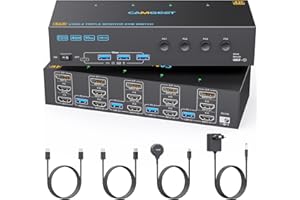 KVM Switch 3 Monitores 4 Ordenadores 4K @ 60Hz, Camgeet 2 HDMI+Displayport KVM Switch Triple Monitor for 4 Computer Share 3 Monitor and 4 USB3.0 Hub USB 3.0 KVM Conmutador KVM con Cable USB remoto con