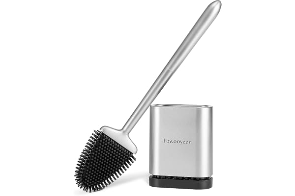 Fowooyeen Brosse WC Silicone, Brosse de Toilette Silicone et Support, Balayette WC Suspendu Plate à Séchage Rapide avec Manche Long, Balai Toilette Salle de Bain, Autoportant/Mural, Argent Mat