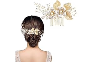 AUSWALAR Gold Wedding Hair Comb,Bride Wedding Hair Vine Hair Piece Flower Crystal Headpiece Sparkly Pearl Rhinestone Hair Accessories for Women and Girls