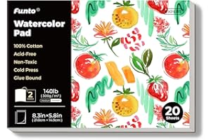 Funto Watercolor Paper Pads, 100% Cotton, 20 Sheets, A5 (8.3" x 5.8"), 140lb (300gsm), Glue Bound, Double-Sided, Acid-Free, Cold Pressed, Easy Tear Watercolor Paper for Travel Drawing and Mixed Media