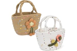 Dicunoy 2 PCS Little Girls Purses, Small Kids Flower Handbags with Handles, Cute Cotton Woven Beach Boho Bags for Toddler, Princess, Outdoor Activities, Gift, White, Brown