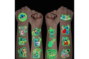 HXLEUCRY Tattoo Kinder, 12 Blätter Leuchtendes Stitch Temporary Tattoo Set für Jungen Mädchen Kindertattoos Wasserdicht für Geburtstagsgeschenke Kindergeburtstag Mitgebsel Festival Party Deko