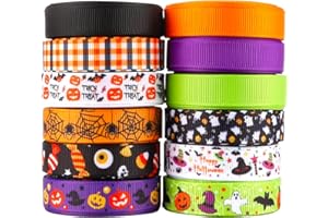 Kingovalley 12 Rolls Halloween Grosgrain Ribbons, 1.3cm x 5m Happy Halloween Trick or Treat Candy Pumpkin Witch Hat Spider Ghost Pattern Wrapping Ribbons for Halloween Crafts Party Decoration