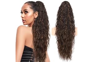 PORSMEER Coda di cavallo da donna con fermaglio, lunga ondulata e riccia, extension per capelli con clip, per donna, 70 cm (marrone scuro con riflessi biondi)