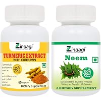 Zindagi 100% Pure Neem Extract Capsules With Turmeric Extract Capsules With Curcumin - Powerful Antioxidant Capsules…