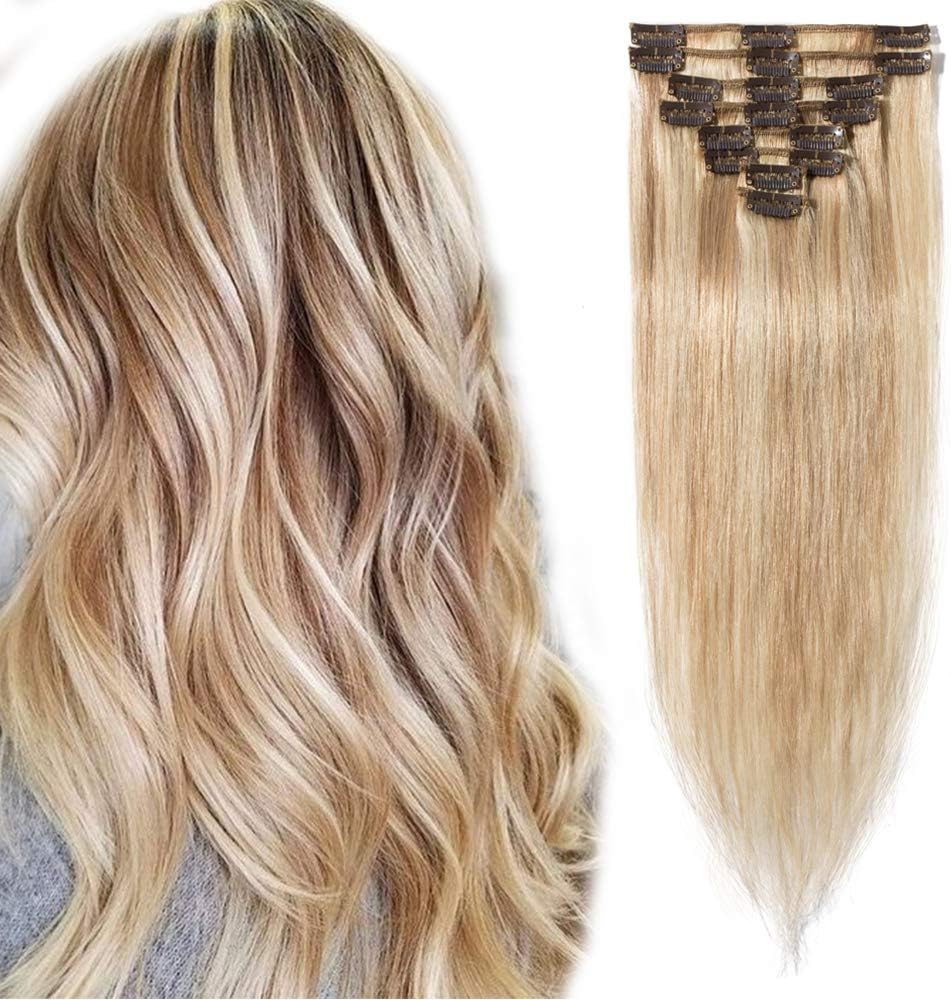 Elailite Clip in Hair Extensions Real Human Hair - 8 Pieces Thin Weft Full Head Remy Hair Straight - #18/613 Ash Blonde Mix Bleach Blonde - 8 Inch (45 g)