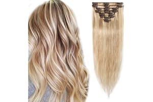 Elailite Clip in Hair Extension Real Human Hair Remy Natural Hair - 8 Pieces (Thin Weft) Full Head Straight - #18/613 Ash Blonde Mix Bleach Blonde - 10 Inch (50 g)