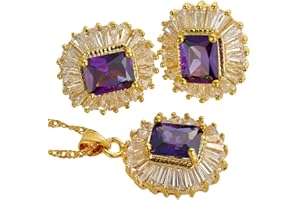 RIZILIA Jewellery Set Pendant with 18" Chain & Stud Earrings Rectangular Cut Gemstones CZ [5 Colours Available] in 18K Yellow Gold Plated, Simple Modern Elegance