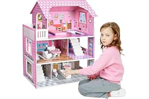 NAIZY Drewniany domek dla lalek dla lalek, 70 x 60 x 24 cm, zestaw różowy, 3 poziomy, Playmobil domek dla lalek z meblami i akcesoriami, willa dla lalek "zrób to sam", do kampera, wymarzonej willi,