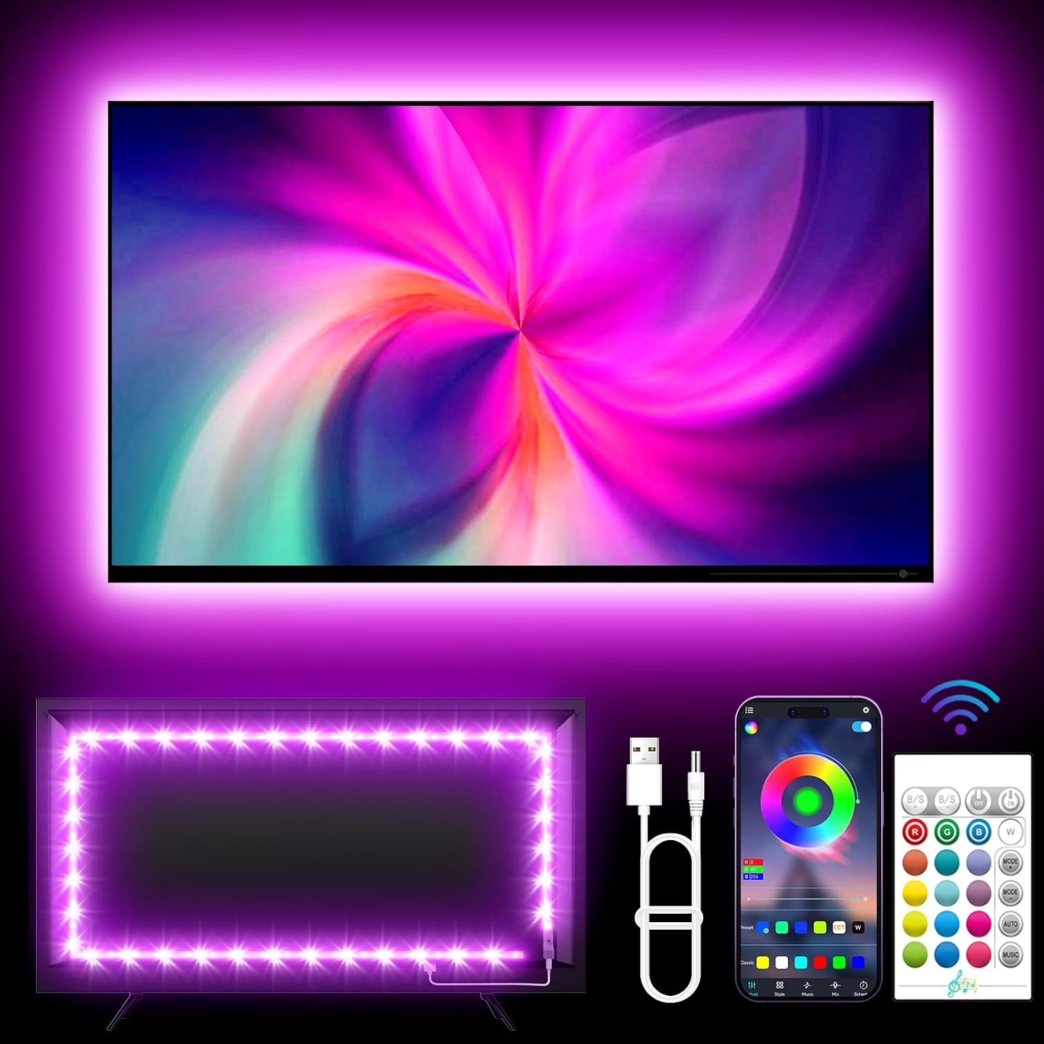KANTUTOE TV Lights, 4m RGB LED Strip Lights for 32-55 Inch TV, Music Sync Bluetooth APP and Remote Control, USB Powered for Gaming/Bedroom