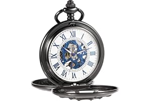 TREEWETO Reloj de bolsillo unisex con cadena, analógico, mecánico, cuerda manual, doble bisagra, con diseño de timón, reloj esqueleto para hombre, negro/bronce