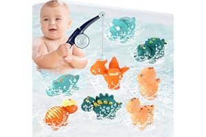AIERRSON Baby Bath Toys for 1 2 3 Year Old, 9 Pcs Magnetic Fishing Toys for Toddlers 1+ Year Old Boys Girls Gifts, Bathtub Toy for 6-12 Months Kids with Dinosaur Mold Free Swimming Pool Toys, Fishing Rod
