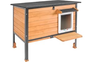 Akinerri Classic Wooden Indoor & Outdoor Universal Raised Base Cat House, Asphalt Waterproof Anti Bite Metal Framewith Controlled Access for Animal Shelter (Brown) 87.5cm (L) x 55cm (W) x 59cm (H)