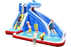 COSTWAY Castello Gonfiabile Per Bambini, Parco Giochi Gonfiabile Con Scivolo, Parete Per Arrampicarsi e Piscina, Ideale Per 4 Bambini 3-8Anni, Con Borsa di Trasporto e Kit di Riparazione