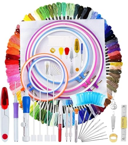 Kit Punch Needle Per Principianti JSRQT – 3 Tessuti Stampati, Telaio, Fili E Ago Per Imparare Il Ricamo A Punto Croce
