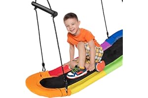 COSTWAY Kids Nest Swing, Hanging Platform Boat Surfing Tree Swings with Handles and Soft Padded Edge, Square Swing Seat for Garden Playground (Multicolor)