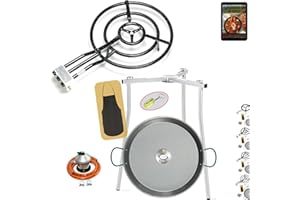 COMBOI Poêle à paella gaz et butane 60 cm, poêle 70 cm, kit brûleur, régulateur, tuyau, pieds trépied, niveau, tablier, livre de recettes numérique