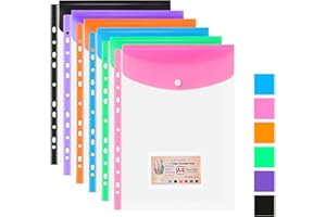 TOCED 6 Pack A4 Plastic Punched Pockets, Expandable Folders Plastic Wallets, Large Capacity Binder Pocket with Snap Button and Label Pocket, Document Files Folders for School Home Office Travel(6)
