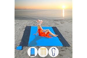 Aiuuee Tapis de Plage Imperméable, 210 x 200 cm Couverture de Plage avec 4 Piquets et Sac, Pliable Couverture Pique, Natte de Plage en Plein air pour Voyages, Camping, Randonnée (Bleu&Gris)